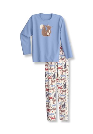 Hellblaues Langarmshirt mit braunem Eichhörnchen-Grafik und weißen Schlafanzughosen mit mehrfarbigen Fuchs- und Baum-Mustern.