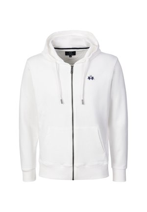 White zip-up hoodie with drawstrings, front pockets, and small navy logo on the left chest, displayed on a white background.