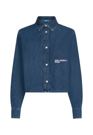 Denim jacket, dark blue, cropped design, long sleeves with button cuffs, features silver buttons, and embroidered "KARL LAGERFELD JEANS" logo.