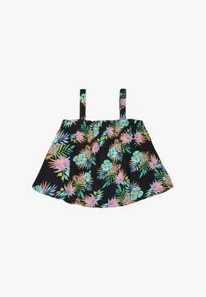 Czarny bezrękawnik z kolorowym kwiatowym wzorem; szare jeansy z wysokim stanem; beżowe buty wsuwane; długie proste włosy.