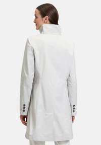 Lichtgrijze trenchcoat met een hoge kraag, knoopmanchetten, getailleerde pasvorm en een gladde textuur, van achteren weergegeven tegen een effen achtergrond.