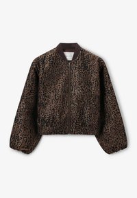 Veste bomber courte en tissu marron doux avec un motif léopard noir, col côtelé et poignets et ourlet élastiques.