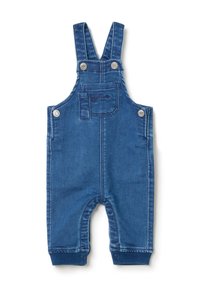 Dunkelblaue Jeanslatzhosen mit verstellbaren Trägern, Metallknöpfen, einer Vordertasche und gerippten Bündchen an den Knöcheln. Glatte Textur.