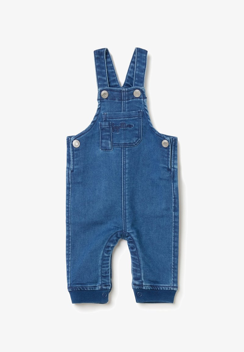 Donkerblauwe denim overall met verstelbare bandjes, metalen knopen, een voorkantzak en ribbelboorden bij de enkels. Glad textuur.
