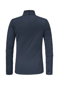 Marineblaue Langarmbluse mit hohem Kragen, ausgestattet mit einer glatten Textur und tailliertem Schnitt, ohne sichtbare Hardware oder Muster.