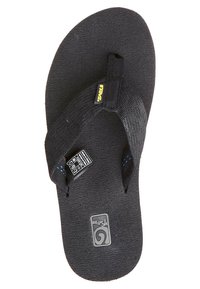 Sandale noire de la marque Teva avec semelle texturée, bride en tissu et deux étiquettes visibles sur la semelle intérieure et la bride.