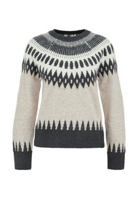Jasno beżowy sweter z okrągłym dekoltem, z czarnym geometrycznym wzorem i prążkowanymi mankietami. Miękka faktura i rękawy o średniej długości.