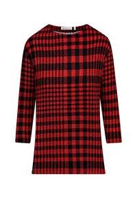 Rotes und schwarzes kariertes langärmeliges Hemd mit rundem Ausschnitt, das ein klassisches Karomuster und eine figurbetonte Silhouette aufweist.