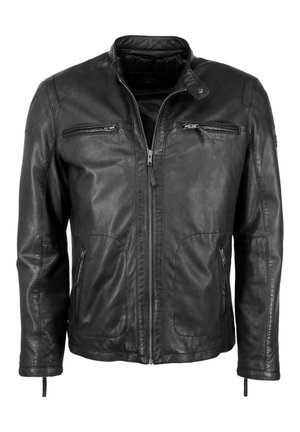 Schwarze Lederjacke mit Stehkragen, Reißverschluss vorne, zwei Brusttaschen und zwei Seitentaschen. Glatte Textur und taillierter Schnitt.