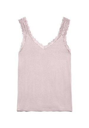 Camisole rosa chiaro senza maniche con scollo a V e spalline rifinite in pizzo, realizzata in tessuto morbido e liscio, mostrata su uno sfondo bianco.