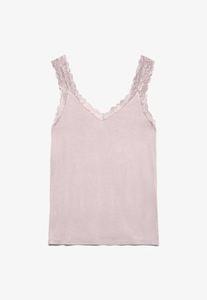 Camisole rosa chiaro senza maniche con scollo a V e spalline rifinite in pizzo, realizzata in tessuto morbido e liscio, mostrata su uno sfondo bianco.