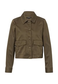Olijfgroene cropped jacket van soepel materiaal, met knoopsluiting, twee voorkeuzes en een klassiek kraagontwerp.
