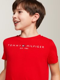 Sarkana kokvilnas T-kreklu ar baltu logo un ziliem un sarkaniem akcentiem, īsām piedurknēm un apaļu kakla izgriezumu. Priekšpusē ir uzraksts "TOMMY HILFIGER EST. 1985."