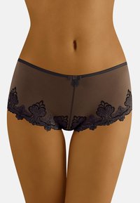 Shorts da ragazzo in tessuto trasparente marrone con ricami floreali in pizzo nero all'orlo e un piccolo fiocco in satin al centro davanti.