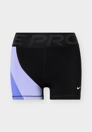 Schwarze Sportshorts mit violetten und lavendelfarbigen Seitenpaneelen, breitem schwarzem Bund mit Ton-in-Ton-Text und kleinem weißen Nike-Swoosh am rechten Bein.