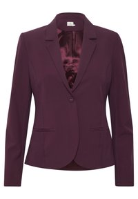 Bordeauxrode blazer met satijnen binnenvoering, enkele knoopsluiting, ingesneden kraag, twee zakken aan de voorkant en een getailleerde pasvorm.