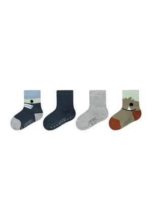 Vier Paare Kindersocken: blau mit Haifischdesign, dunkelblau, grau und grün mit Bärendekor. Aus Baumwollmischung, knöchelhöhe.
