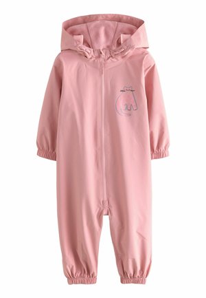 Mono impermeable rosa claro con capucha, puños elásticos, cierre de cremallera frontal y un gráfico de un gato en el pecho. Forro interior suave.