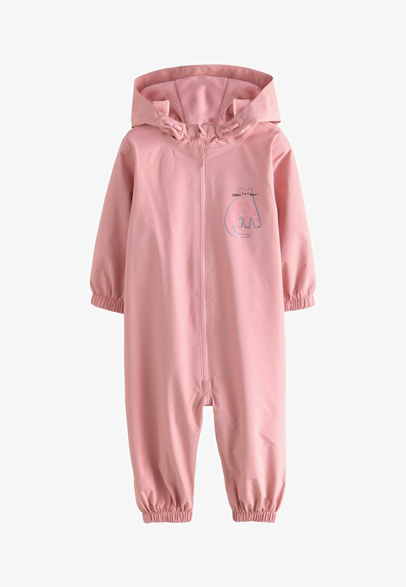 Light pink waterproof one-piece suit with a hood, elastic cuffs, front zip closure, and a cat graphic on the chest. Soft interior lining.