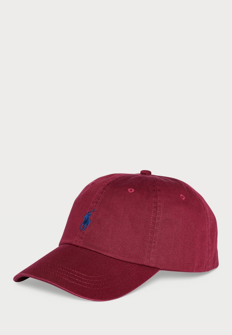 Maroon baseball cap made of cotton, featuring a curved brim and embroidered blue logo on the front. Six ventilation eyelets on top.