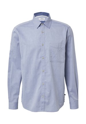 Svetlo modrá, dlhá rukávová košeľa z tkaniny s button-down golierom, prednou vreckom a jemnou textúrou. Malý vzorovaný vnútorný golier.