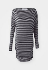 Gestreiftes langärmeliges Kleid in Schwarz und Grau. Mit lockerem Schnitt, Rundhalsausschnitt und seitlichen Raffung. Hergestellt aus weichem Stoff.