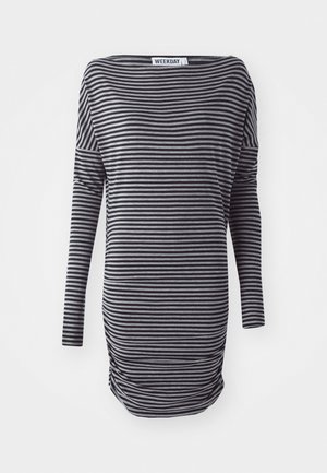 Striped long-sleeve dress in black and gray. Features a relaxed fit, scoop neckline, and side ruching detail. Made of soft fabric.