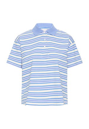 Tricou polo cu dungi în albastru deschis și alb. Confecționat dintr-un material moale, are guler cu nasturi și mâneci scurte. Dungile orizontale variază în lățime.