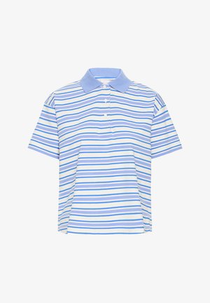 Polo rayé bleu clair et blanc. Confectionné en tissu doux, avec un col boutonné et des manches courtes. Les rayures horizontales varient en largeur.
