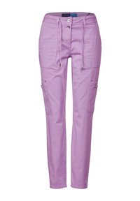 Světle fialové cargo kalhoty slim fit, s předními kapsami, nastavitelným šňůrkovým pasem a bočními kapsami na zip.