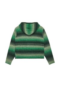 Hoodie w zielonym gradiencie o miękkiej teksturze, z poziomymi paskami w różnych odcieniach zieleni i wygodnym kapturem. Krótkie wykończenie.