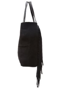 Black suede tote bag with long fringe detail, two flat straps, and a structured shape. Smooth texture with no visible patterns.