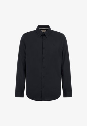 Black long-sleeve shirt made of smooth fabric, featuring a button-up front, collar, and a subtle logo embroidered on the chest.