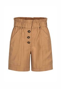 Katoenen tan shorts met een elastische tailleband, voorzien van drie voorste knopen, twee zijzakken en een gladde textuur.