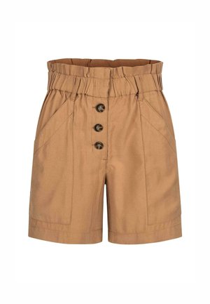 Shorts en coton beige avec une taille élastique, comportant trois boutons sur le devant, deux poches latérales et une texture lisse.