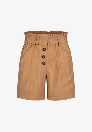 Könnyű pamut rövidnadrág, elasztikus derékkal, három elülső gombbal, két oldalsó zsebbel és sima textúrával.