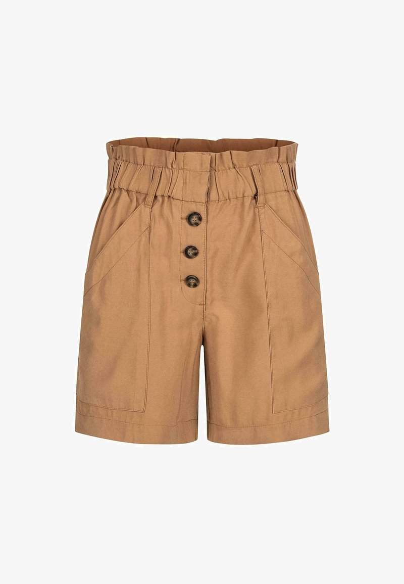 Shorts en coton beige avec une taille élastique, comportant trois boutons sur le devant, deux poches latérales et une texture lisse.