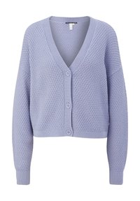 Levandulový zkrácený cardigan s texturovaným pleteným vzorem, s hlubokým V-výstřihem, zapínáním na knoflíky a manžetami a lemem s žebrováním.