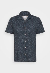 Koszula na krótki rękaw w ciemnym granacie z teksturowanym wzorem niebieskich pionowych linii i jasnymi guzikami. Tkanina z mieszanki bawełny.