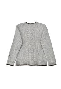 Light gray knit sweater with cable pattern center, textured knit body, long sleeves, and dark trim on collar, cuffs, and hem.