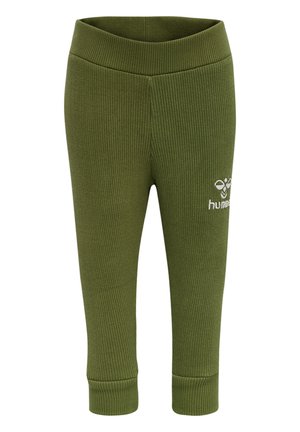 Oliven grønne ribbede leggings med en bred, elastisk talje og et lille hvidt logo på det nederste venstre ben. Blød tekstur og tætsiddende design.