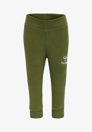 Oliven grønne ribbede leggings med en bred, elastisk talje og et lille hvidt logo på det nederste venstre ben. Blød tekstur og tætsiddende design.