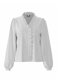 Blusa bianca con maniche lunghe a sbuffo, rifiniture a volant lungo il collo a V e chiusura con bottoni. Realizzata in tessuto testurizzato.
