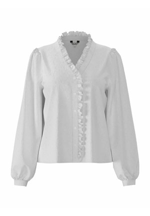 Witte blouse met lange poffende mouwen, ruffles langs de V-hals en een knoopsluiting. Gemaakt van textuurstof.