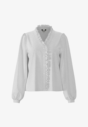 Witte blouse met lange poffende mouwen, ruffles langs de V-hals en een knoopsluiting. Gemaakt van textuurstof.
