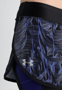 Svart och blå atletisk skort med virvlande linjemönster, lättviktigt tyg, elastisk midja och Under Armour-logga på sidan.
