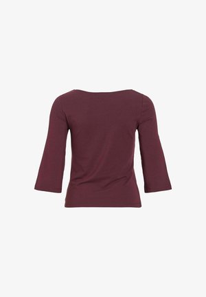 Haut féminin à manches longues de couleur marron avec un décolleté bateau et une silhouette ajustée, vu de dos sur un fond blanc.