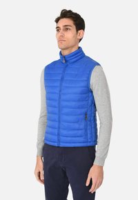 Gilet blu puffer con colletto alto, design trapuntato e tasche con zip. Il gilet ha una superficie liscia ed è indossato sopra una maglietta grigia a maniche lunghe.
