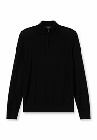 Schwarzer Pullover mit hohem Kragen und Viertel-Reißverschluss. Hergestellt aus weichem Material, mit langen Ärmeln sowie gerippten Bündchen und Saum. Schlichtes Design.