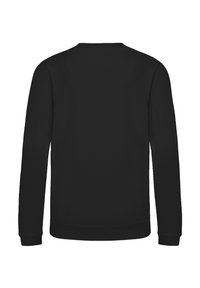 Czarny sweatshirt z długimi rękawami, okrągłym dekoltem i ściągaczami. Tkanina wydaje się gładka, o jednolitym kolorze i bez widocznych wzorów.